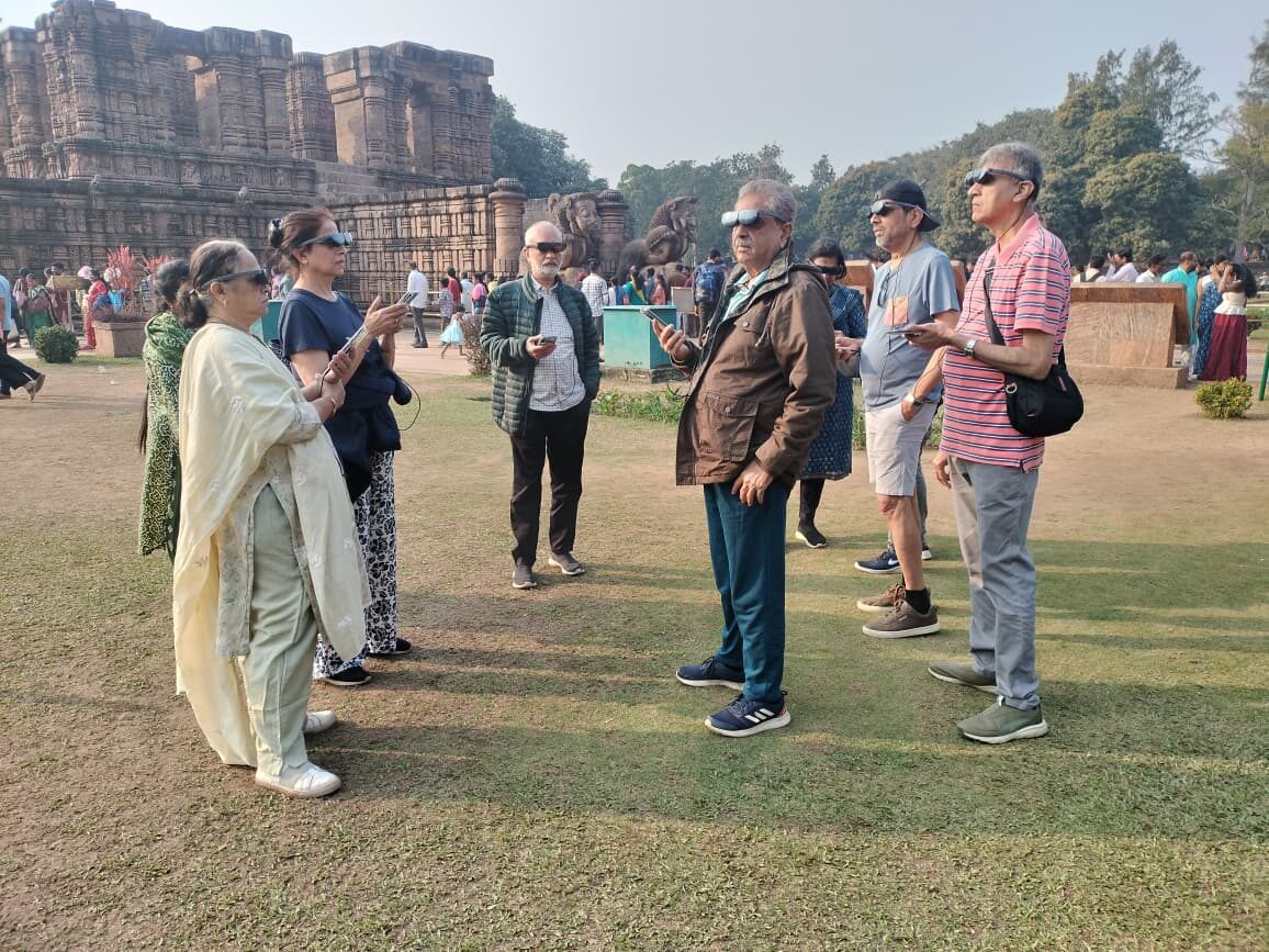 Group with AR glasses at Konark temple grounds