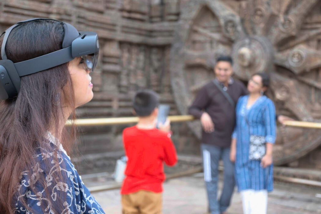 Visitor wearing VR headset at Konark Sun Temple